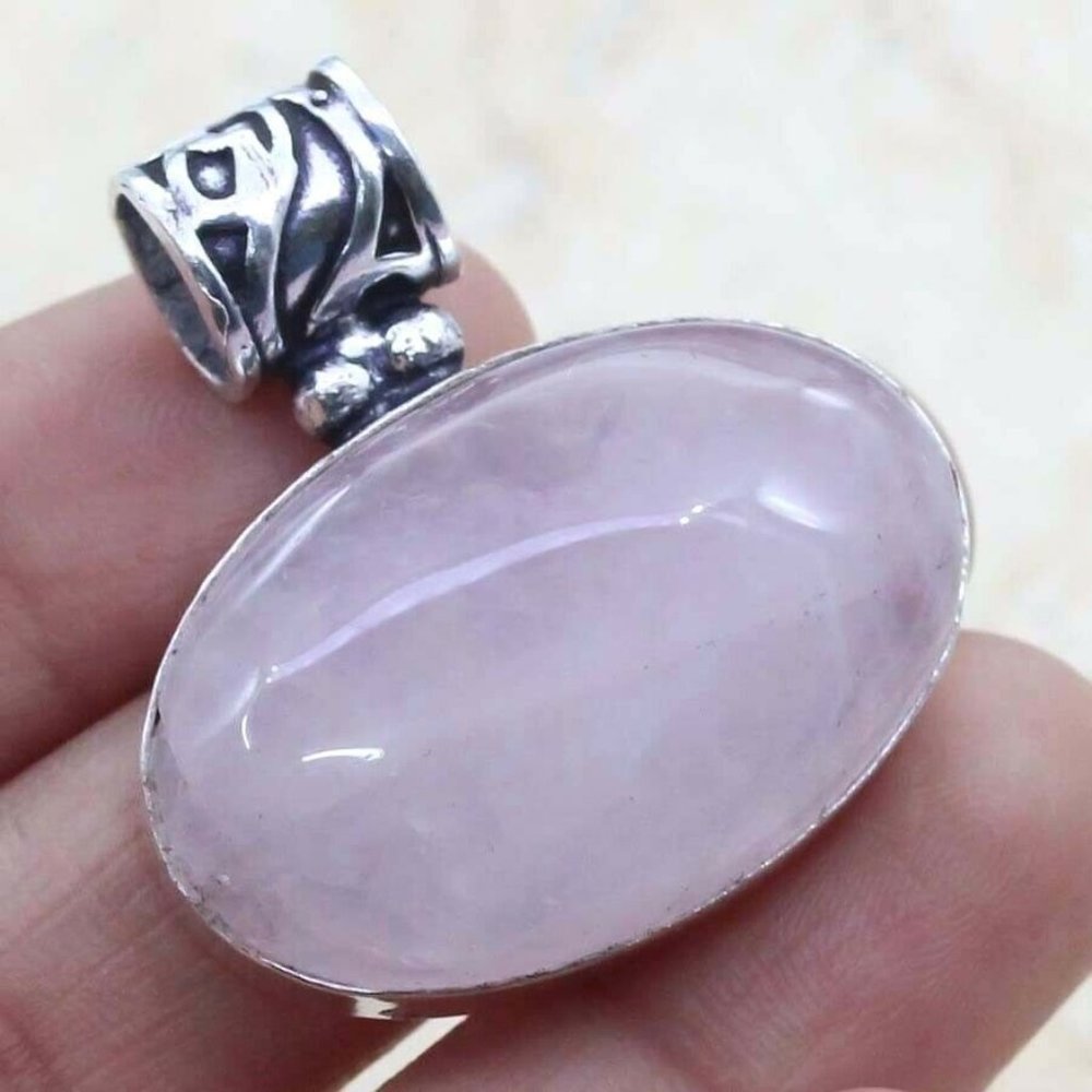 Handmade Rose Quartz 925 Sterling Silver Plated Necklace.